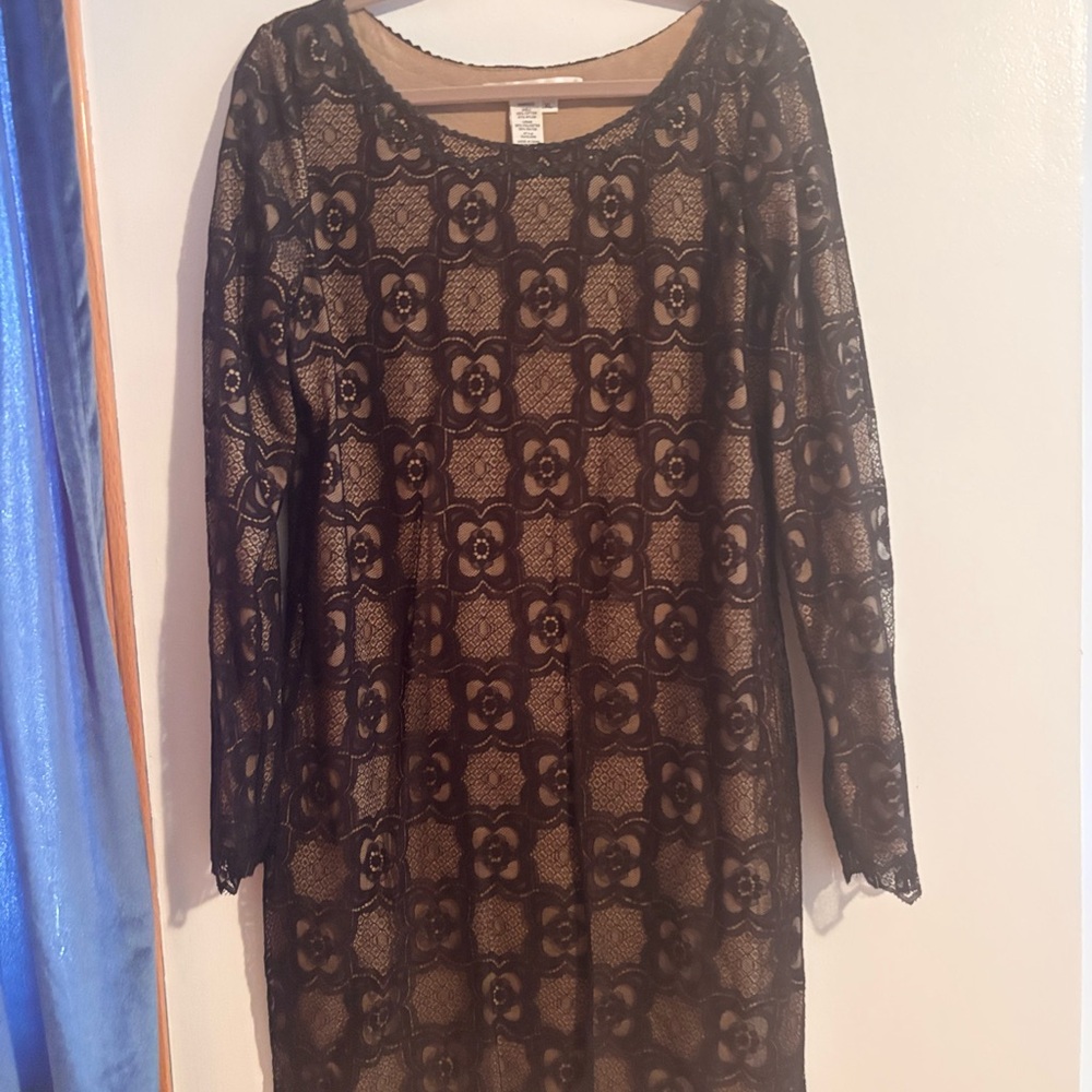 Studio M Cream and Brown Sheath Dress Long Sleeve Scoop Neck